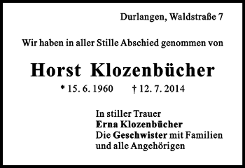 Traueranzeige von Horst Klozenbücher von Gmünder Tagespost