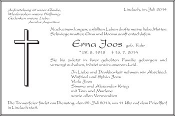 Traueranzeige von Erna Joos von Gmünder Tagespost