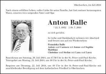 Traueranzeige von Anton Balle von Schwäbische Post