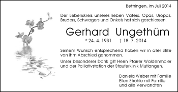 Traueranzeige von Gerhard Ungethüm von Gmünder Tagespost