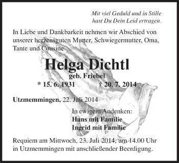 Traueranzeige von Helga Dichtl von Schwäbische Post