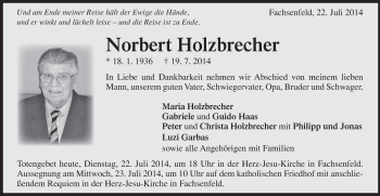 Traueranzeige von Norbert Holzbrecher von Schwäbische Post