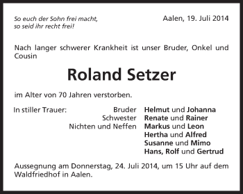 Traueranzeige von Roland Setzer von Schwäbische Post