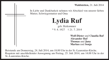 Traueranzeige von Lydia Ruf von Gmünder Tagespost