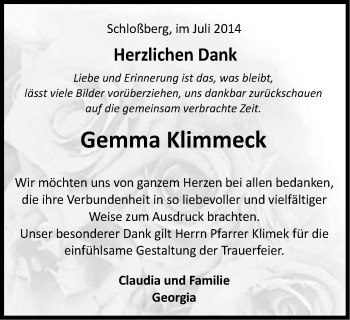 Traueranzeige von Gemma Klimmeck von Schwäbische Post