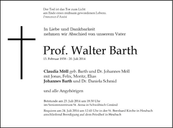 Traueranzeige von Walter Barth von Gmünder Tagespost