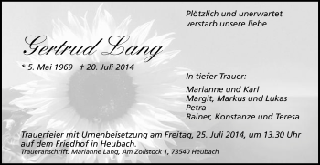 Traueranzeige von Gertrud Lang von Gmünder Tagespost