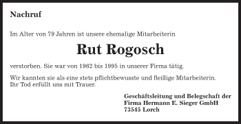 Traueranzeige von Rut Rogosch von Gmünder Tagespost
