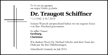 Traueranzeige von Traugott Schiffner von Gmünder Tagespost