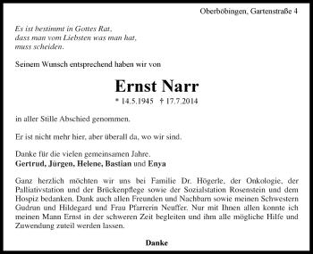 Traueranzeige von Ernst Narr von Gmünder Tagespost