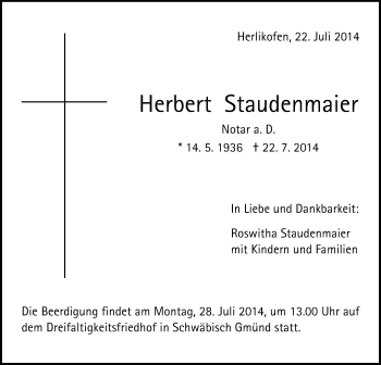 Traueranzeige von Herbert Staudenmaier von Gmünder Tagespost