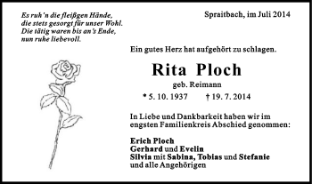 Traueranzeige von Rita Ploch von Gmünder Tagespost