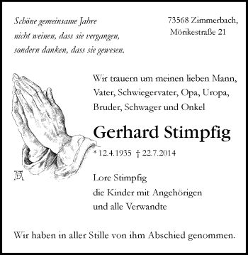 Traueranzeige von Gerhard Stimpfig von Gmünder Tagespost