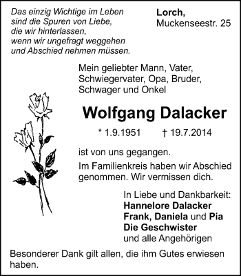 Traueranzeige von Wolfgang Dalacker von Gmünder Tagespost