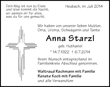 Traueranzeige von Anna Starzl von Gmünder Tagespost