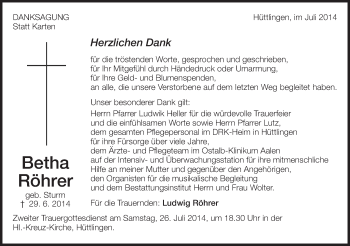 Traueranzeige von Betha Röhrer von Schwäbische Post