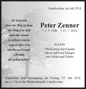 Traueranzeige von Peter Zenner von Schwäbische Post