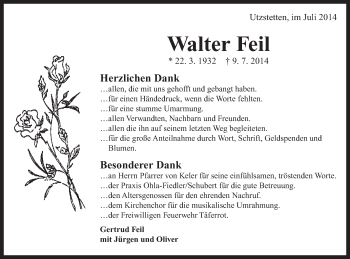 Traueranzeige von Walter Feil von Gmünder Tagespost