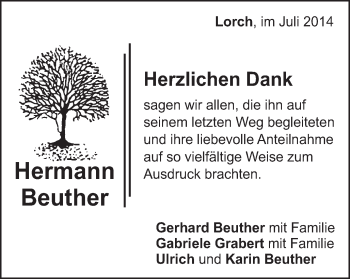 Traueranzeige von Hermann Beuther von Gmünder Tagespost