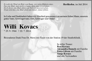 Traueranzeige von Willi Kovacs von Gmünder Tagespost