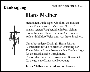 Traueranzeige von Hans Melber von Schwäbische Post