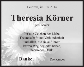 Traueranzeige von Theresia Körner von Gmünder Tagespost