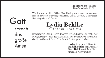 Traueranzeige von Lydia Behlke von Gmünder Tagespost