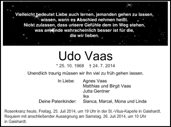Traueranzeige von Udo Vaas von Schwäbische Post