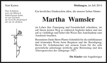 Traueranzeige von Martha Wamsler von Gmünder Tagespost