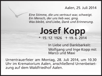 Traueranzeige von Josef Kopp von Schwäbische Post