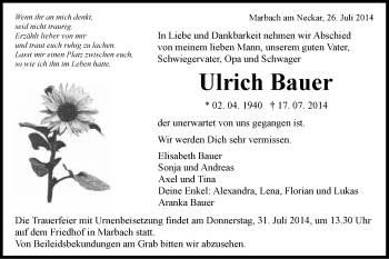 Traueranzeige von Ulrich Bauer von Schwäbische Post