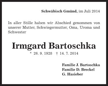 Traueranzeige von Irmgard Bartoschka von Gmünder Tagespost