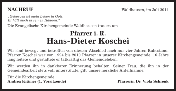 Traueranzeige von Hans-Dieter Koschei von Gmünder Tagespost