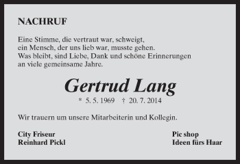 Traueranzeige von Gertrud Lang von Gmünder Tagespost