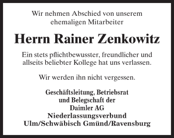 Traueranzeige von Rainer Zenkowitz von Gmünder Tagespost