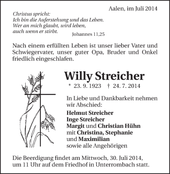Traueranzeige von Willy Streicher von Schwäbische Post