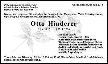 Traueranzeige von Otto Hinderer von Gmünder Tagespost