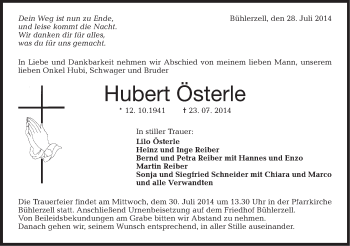 Traueranzeige von Hubert Österle von Schwäbische Post
