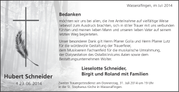 Traueranzeige von Hubert Schneider von Schwäbische Post