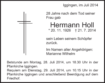 Traueranzeige von Hermann Holl von Gmünder Tagespost