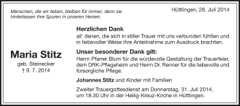 Traueranzeige von Maria Stitz von Schwäbische Post