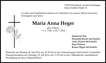 Traueranzeige von Maria Anna Heger von Gmünder Tagespost