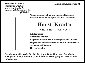 Traueranzeige von Horst Krader von Gmünder Tagespost