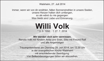 Traueranzeige von Willi Volk von Schwäbische Post