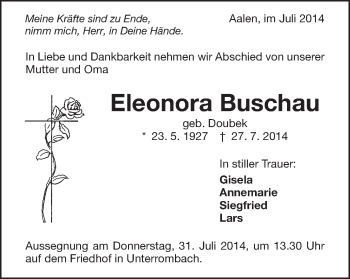 Traueranzeige von Eleonora Buschau von Schwäbische Post