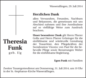 Traueranzeige von Theresia Funk von Schwäbische Post
