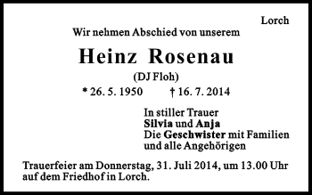 Traueranzeige von Heinz Rosenau von Gmünder Tagespost