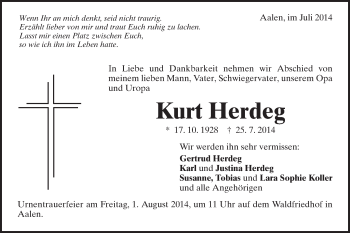 Traueranzeige von Kurt Herdeg von Schwäbische Post