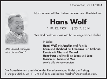 Traueranzeige von Hans Wolf von Schwäbische Post