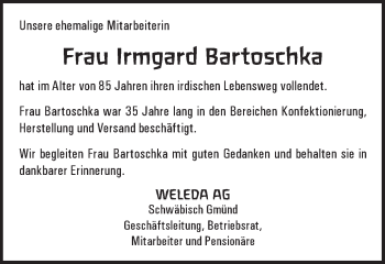 Traueranzeige von Irmgard Bartoschka von Gmünder Tagespost
